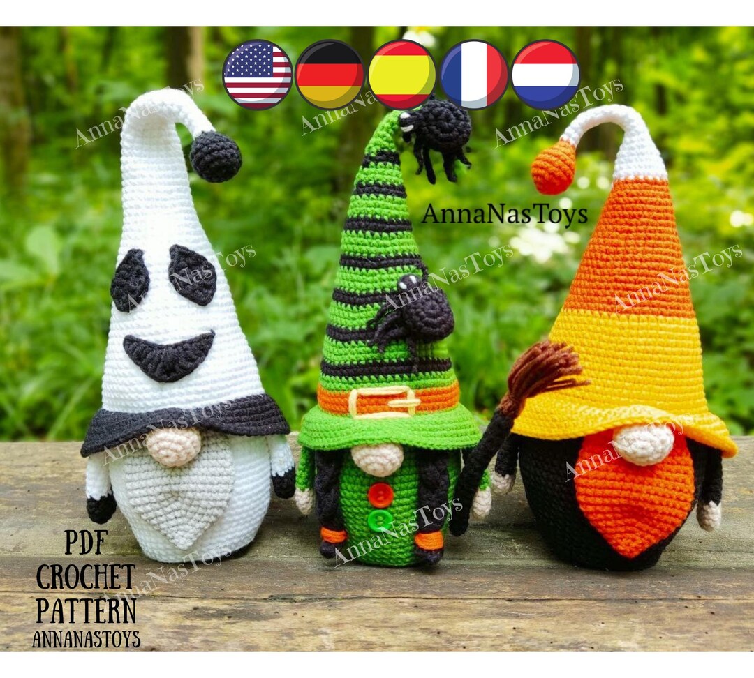 Gnome Ghost, Gnome Candy Corn and Witch With a Broom, Halloween Pattern ...