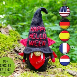 Gnome vampire, Crochet gnome amigurumi pattern, Crochet Halloween decor, Crochet PDF pattern (English_US terms, German,Spanish,French,Dutch)