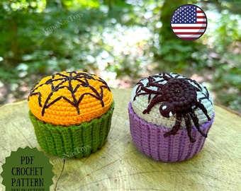Cupcake d'Halloween avec une araignée, modèle nourriture pour amigurumi, modèle nourriture au crochet, crochet automnal, modèle PDF (termes anglais_US)