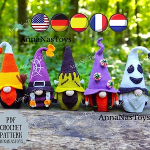 Gnomes: ghost, candy corn, Franke, witch with a broom, witch with an eye, Crochet PDF pattern (English_US terms, German,Spanish,French,Dutch