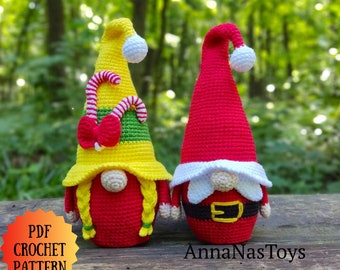 Christmas gnome (girl) with candy canes and gnome Santa, Crochet gnome amigurumi pattern,gnome Santa, Crochet PDF pattern (English_US terms)