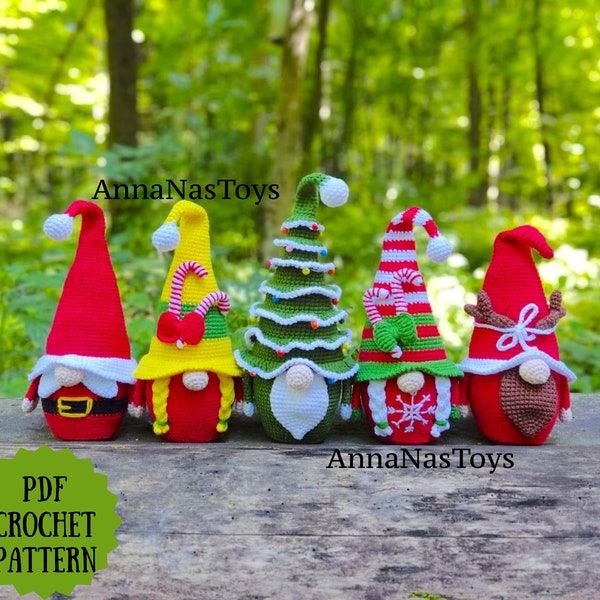 Christmas gnomes, gnome deer, Christmas tree gnome and gnome Santa, Crochet gnome amigurumi pattern, Crochet PDF pattern (English_US terms)