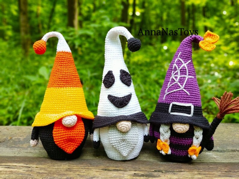 Gnome ghost,gnome candy corn,witch with a broom,black witch and green witch,Crochet Halloween decor, Crochet PDF pattern English_US terms image 7