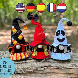 Halloween witch gnomes:candy corn, ghost and witch in red,Halloween decor,Crochet PDF pattern(English_US terms, German,Spanish,French,Dutch)