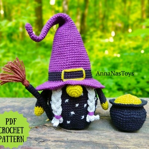 Witch with a green nose, Crochet gnome amigurumi pattern, Crochet Halloween decor, Crochet PDF pattern (English_US terms)