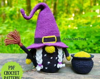 Witch with a green nose, Crochet gnome amigurumi pattern, Crochet Halloween decor, Crochet PDF pattern (English_US terms)