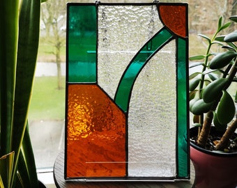 Stained glass suncatcher glas in lood tiffany raamhanger abstract nineties eighties seventies orange green teal blue space age