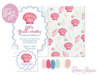 May include: A printable invitation for a child's birthday party with a seashell theme. The invitation features a pink seashell with a blue and white border. The text on the invitation reads "Let's Shell-erate! Clara is turning 2".