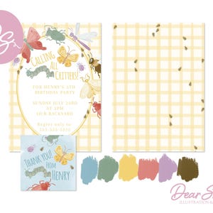 May include: A yellow and white gingham background with a circle containing a variety of colorful insects and the text "Calling All Critters!" for Henry's 5th Birthday Party. The text below the circle reads "Sunday July 23rd at 2pm Our Backyard Regret only to 457-313-5533". A smaller blue and white card with a caterpillar and butterfly reads "Thank You! From Henry".