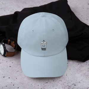 Boba Milk Tea Hat - Embroidered Hat with Adjustable Strap (Available in Light Blue, Pink, White, and Stone)