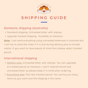 May include: A peach-colored graphic with the text "SHIPPING GUIDE" and a logo of a hamster. The guide details domestic and international shipping options, including untracked and tracked parcel services.