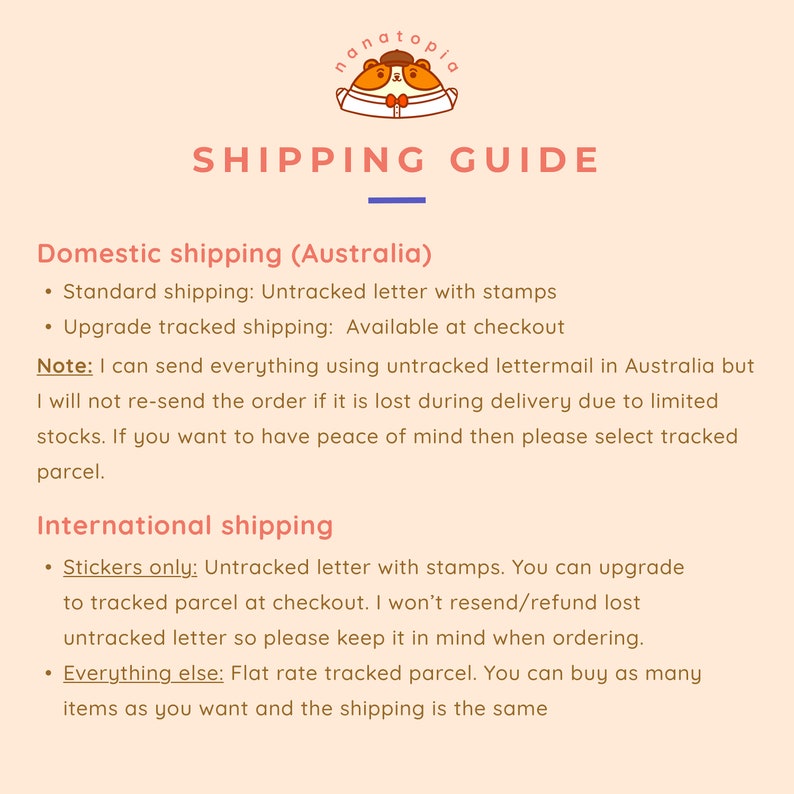May include: A peach-colored graphic with the text "SHIPPING GUIDE" and a logo of a hamster. The guide details domestic and international shipping options, including untracked and tracked parcel services.