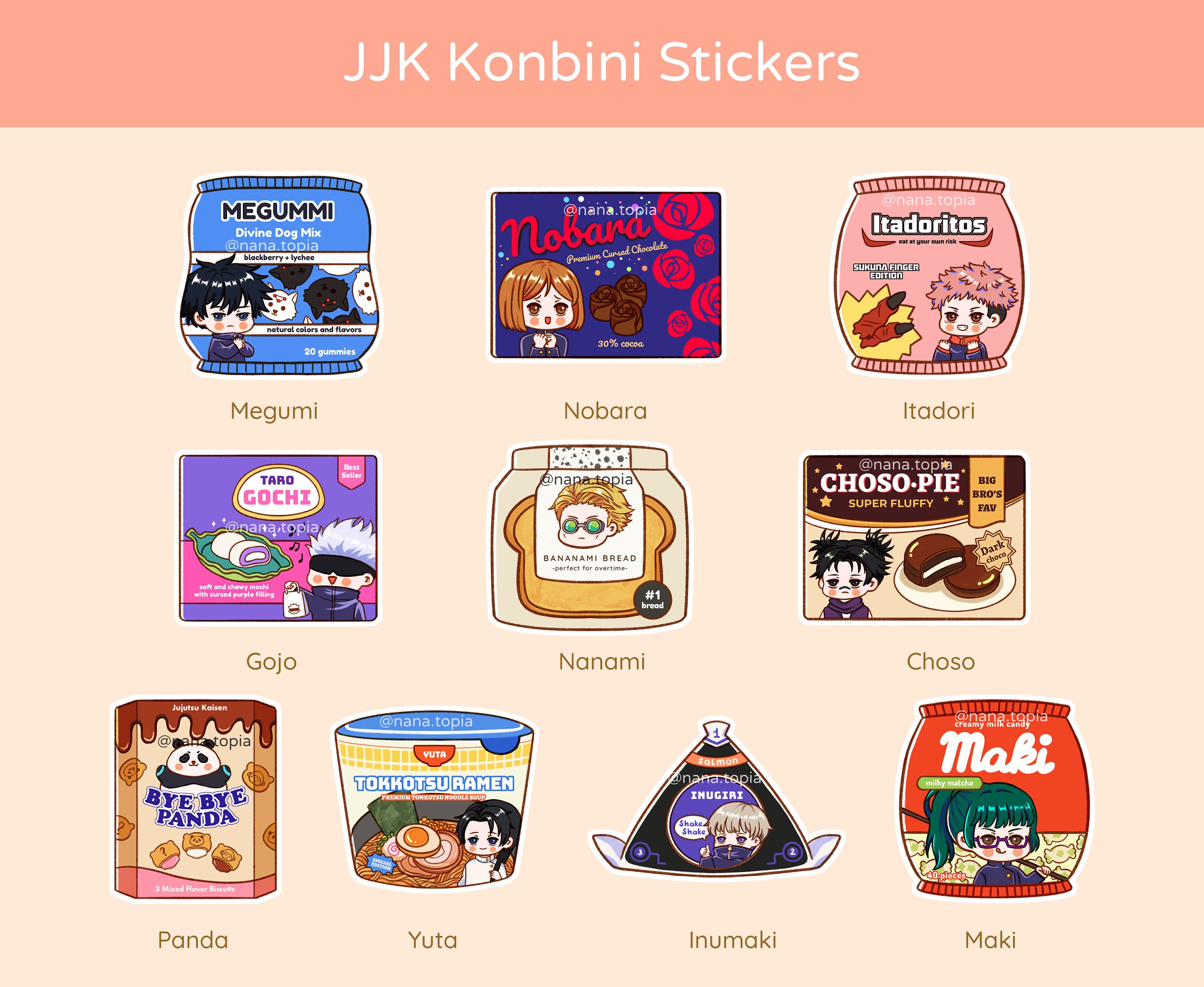 Jujutsu Kaisen Stickers | Kawaii Snack Sticker | Anime Sticker | Funn…