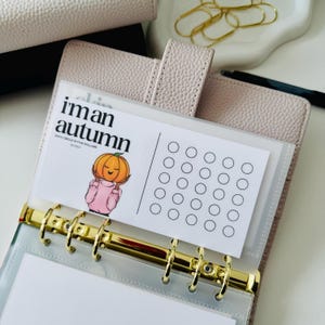 May include: A white savings tracker card with the text i'm an autumn and each circle is five dollars, featuring an illustration of a person with a pumpkin head wearing a pink sweater, alongside a grid of twenty-five empty black circles.