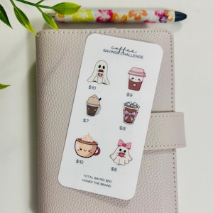 Mini défi d'économies de café // Réutilisable et plastifié, papier cartonné glacé, enveloppes de billets à fermeture éclair, tracker perforé A6/A5