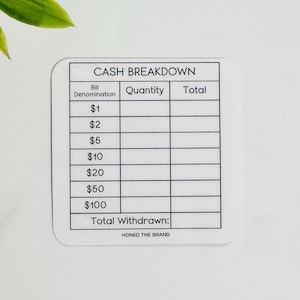 May include: A white square sticker with rounded corners featuring a black and white "Cash Breakdown" chart. The chart includes sections for bill denominations, quantity, and total, with denominations from £1 to £100. The text "HONED THE BRAND" is at the bottom.