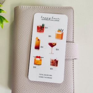 Mini-défi d'économies Happy Hour // Réutilisable et plastifié, papier cartonné brillant, enveloppes de billets à fermeture éclair, tracker perforé A6/A5
