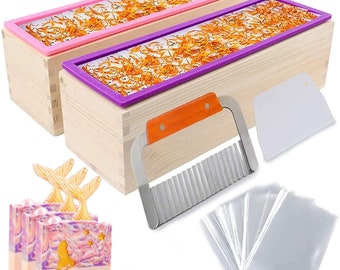 2pcs 42oz Loaf Soap Mold, Rectangular Silicone Mold Set for Making Soap, with Wooden Boxes, 2 Cutters and 50pcs shrink Bags