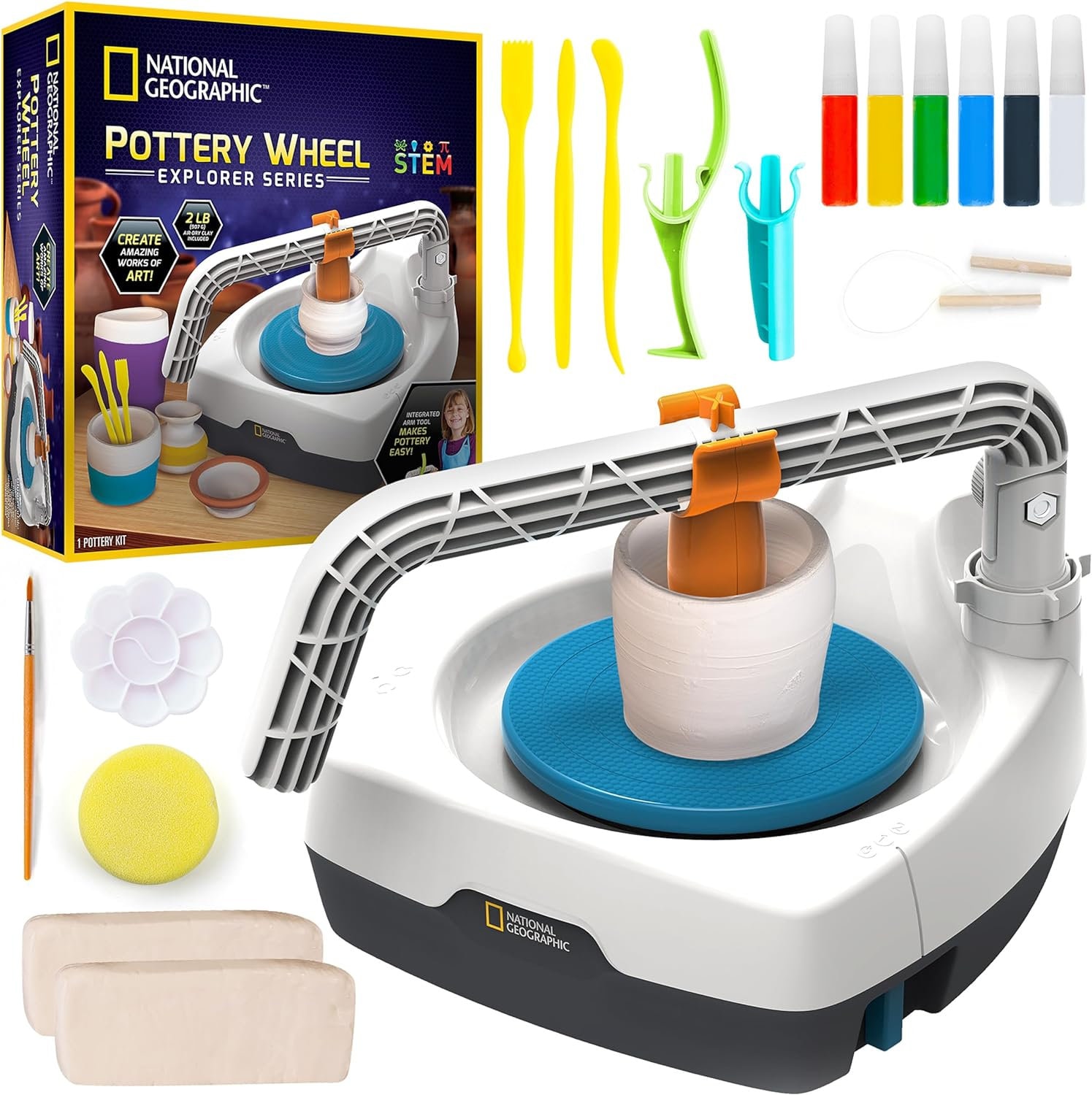 Pottery Wheel for Kids Complete Kit for Beginners, Gift for Kids, 2 Lbs.  Air Dry Clay, Sculpting Clay Tools, Apron, 