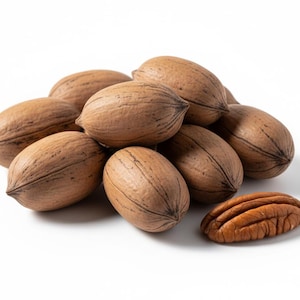 May include: A cluster of whole, light brown, oval-shaped pecan nuts with dark brown longitudinal markings on their shells, accompanied by a single shelled pecan nut half displaying a textured, ridged surface and a rich, golden-brown color.