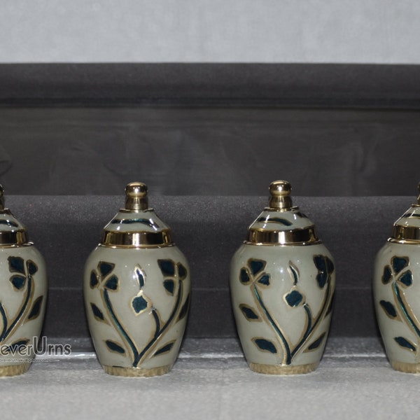 FOREVER URNS® Set of 4 Brass Keepsake Urn- Ivory Garden Keepsake Urn Velvet Presentation Box,Completely Handcrafted Keepsake ( 3 Cu.In ).