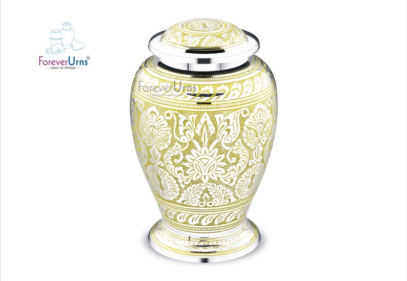 FOREVER URNS® Urns for ashes adult - Funeral Yellow Silver Jali Large funeral urn shops for ashes of loved ones Size 9.5