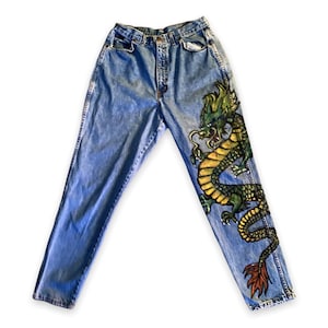 Hand Painted High Waist Tattoo Style Dragon Vintage Denim Jeans - Etsy