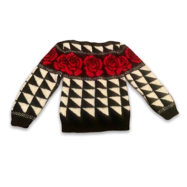 Halston brand vintage rose and geometric print wool sweater