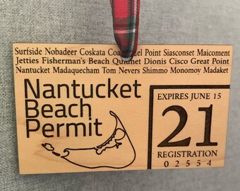 Nantucket Beach Permit Ornament | Any Year | Front & Back Customization | 2 Wooded Finished and Acrylic Available!