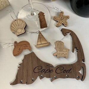 Cape Cod Wine Charm Set w/ Customizable Engraved Charm Holder | Wooden or Acrylic | Set of 6 | Available in 14 Colors | Add Your Own Charms