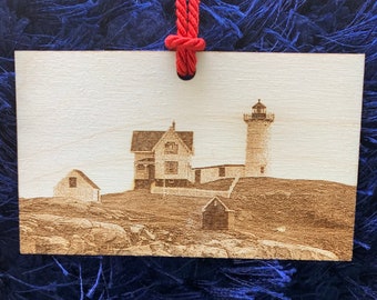 Beautifully Engraved Nubble Lighthouse Ornament. York, Maine. Customization and 3 Wooden & Acrylic Finishes Available