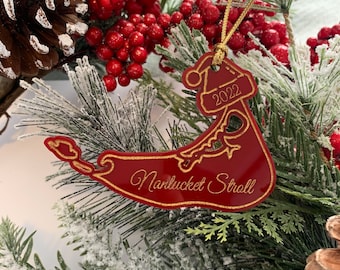 2025 Nantucket Christmas Stroll Ornament!! Gloss & Hand-painted Gold Finish. Customizable!