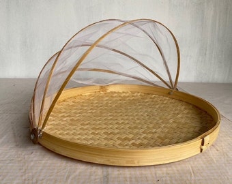 Bamboo Food Tray [V2] with Mesh Net Cover Food Basket Fruit Tray Platters Bread Basket Picnic Basket with Folding Lid Ati-insect Basket Gift