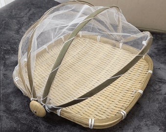 Bamboo Food Tray Square with Mesh Net Cover Food Basket Fruit Tray Platters Bread Basket Picnic Basket with Folding Lid Ati-insect Basket