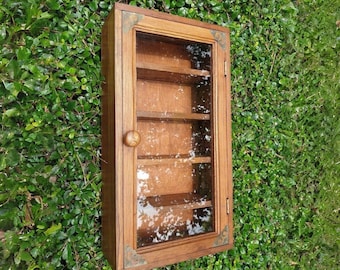 Small Wall Curio Cabinet 1 Door 5 Shelves Glass Display Case hung On Wall Hanging Antique Cabinet Organization Storage Shelf Miniatures Food
