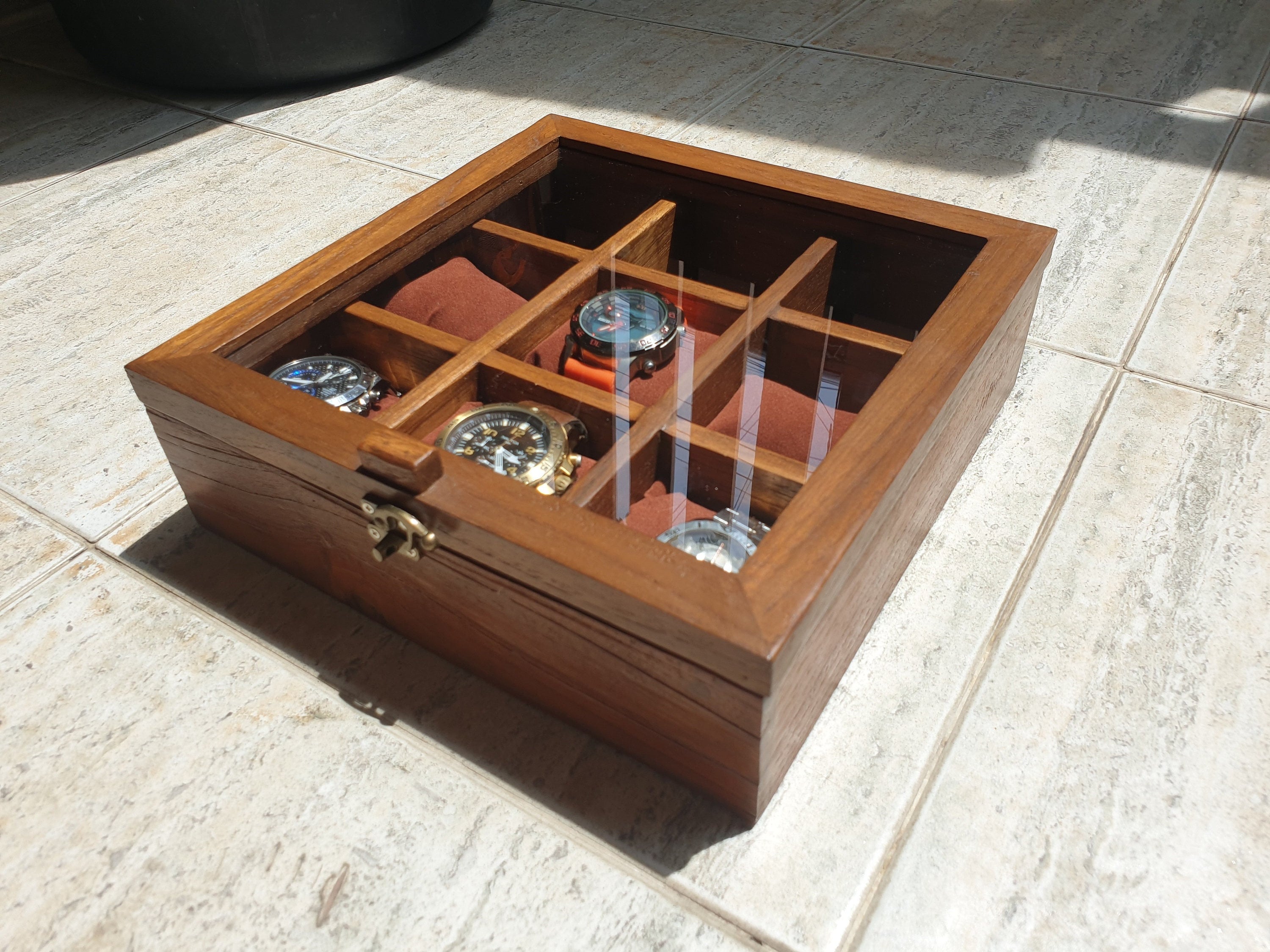 Teak Watch Box Wooden Organizer With 9 Divider Slots Display Box 