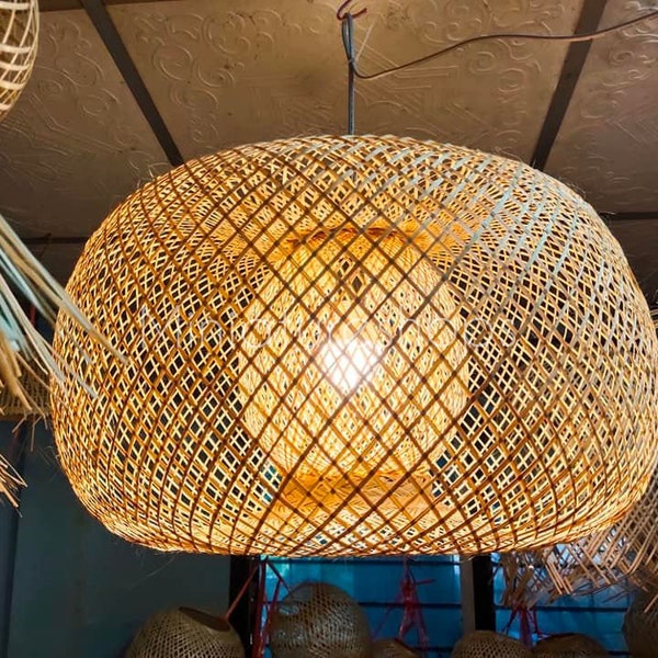 Bamboo Hanging Lamp Pumpkin Donut Style Pendant Light Asian Oblong Repurposed Fish Trap Ceiling Lamp Decor Home Restaurant Garden & Park