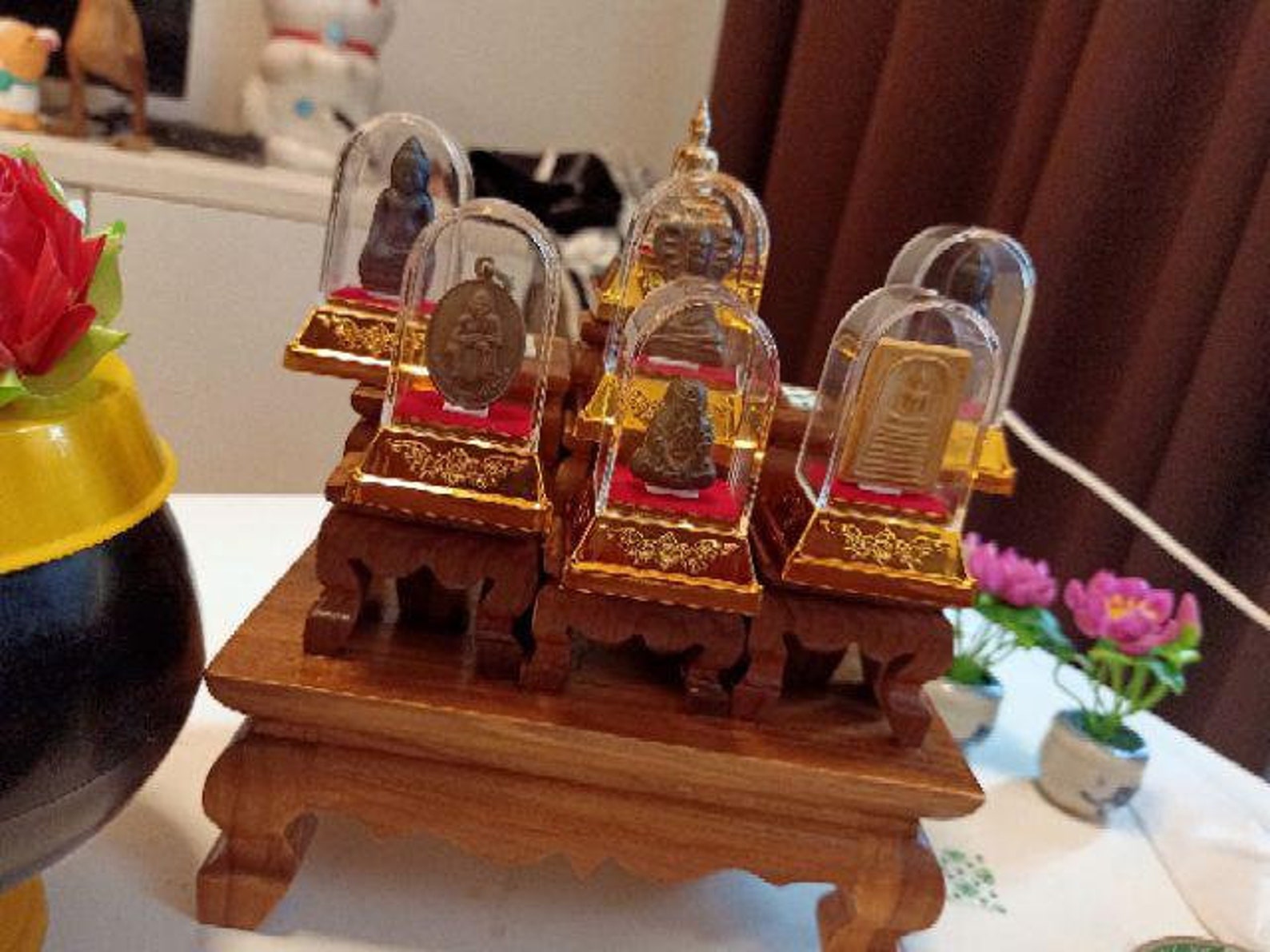 Small Buddha Altar Amulets golden Tables SET 9 teak wood small | Etsy