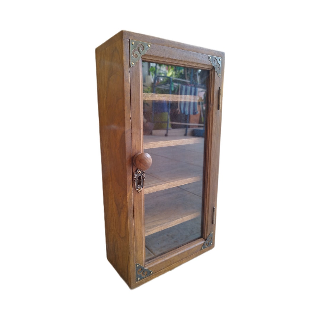 Hanging display case with outlet glass doors