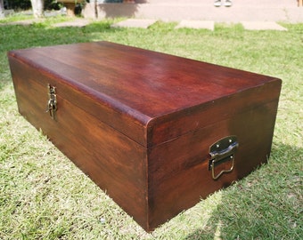 Antique Wooden Storage Box 27.5" & Key Lock Large Memory Boxes secret treasures Keepsakes Decorative Collectibles Curio Style Oak