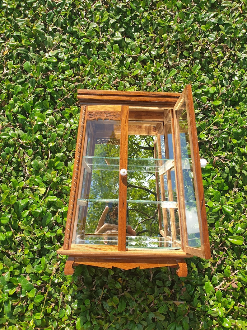 Puede incluir: Una vitrina de madera con estantes de vidrio y una puerta de vidrio. La vitrina tiene un dise&ntilde;o tallado en la parte delantera y est&aacute; pintada de color marr&oacute;n oscuro.