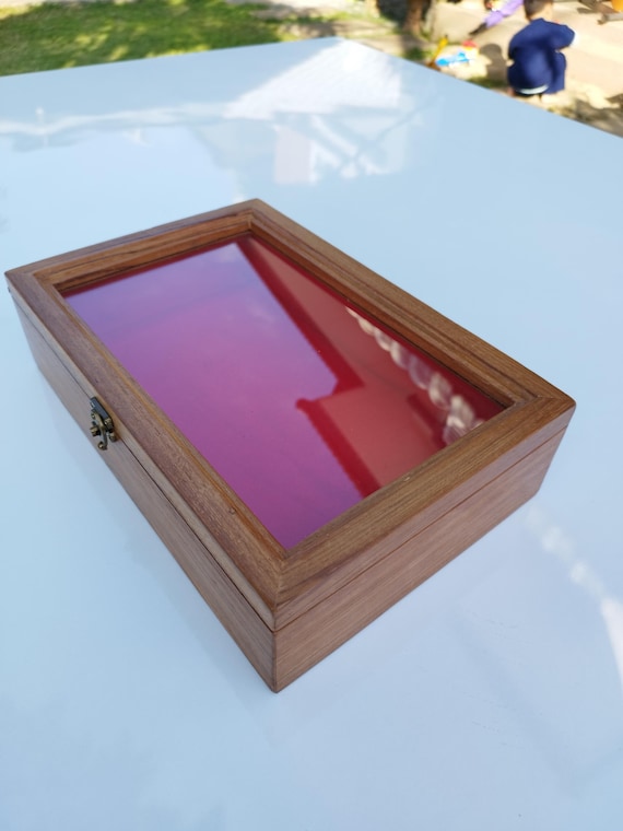 Oak Wood Glass Top Display Case: Handmade Jewelry, Gem & Collectibles Box
