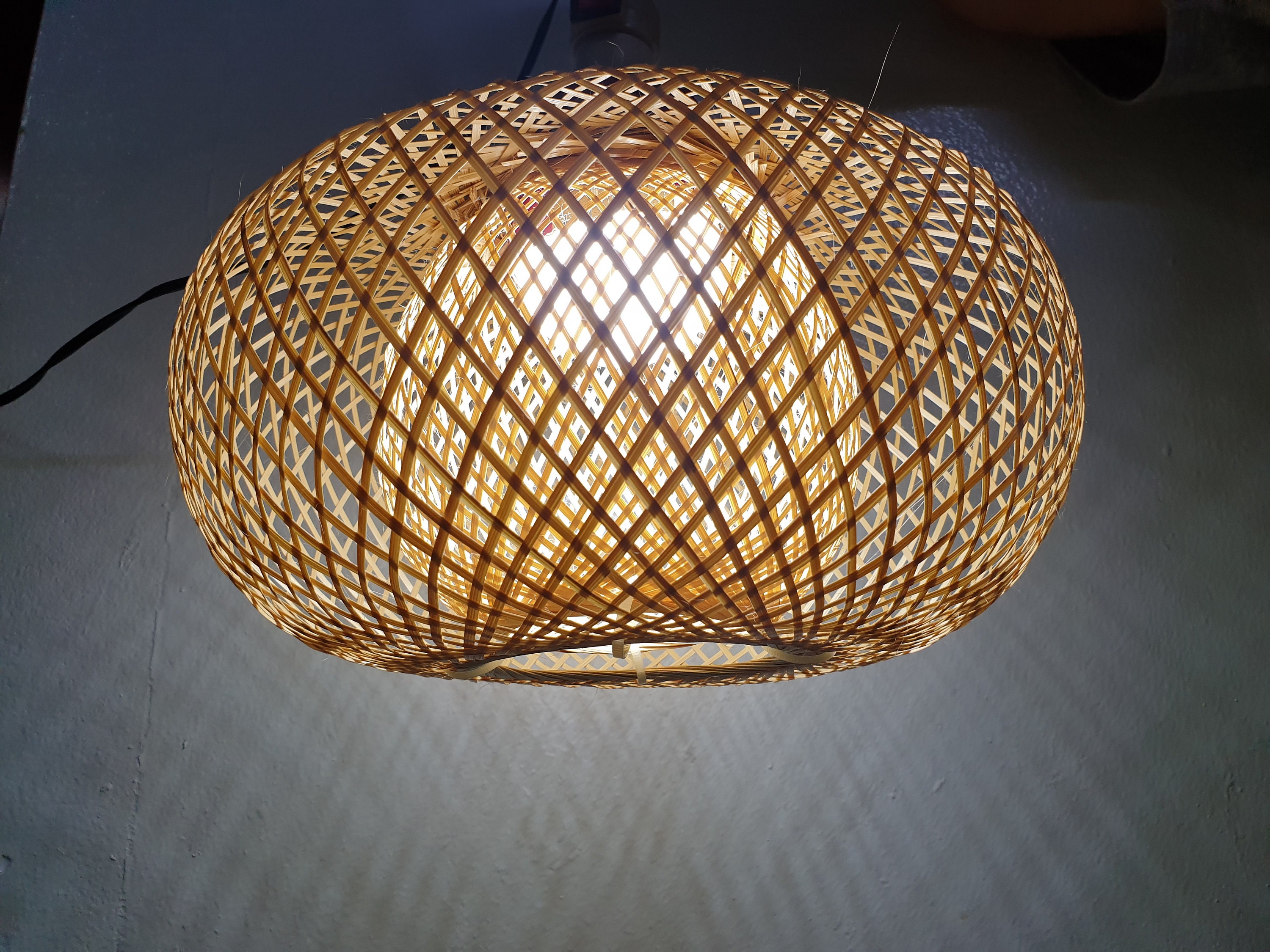 Bamboo Hanging Lamp Witch hat Style Pendant Light Asian Oblong Repurposed Fish Trap Ceiling Lamp