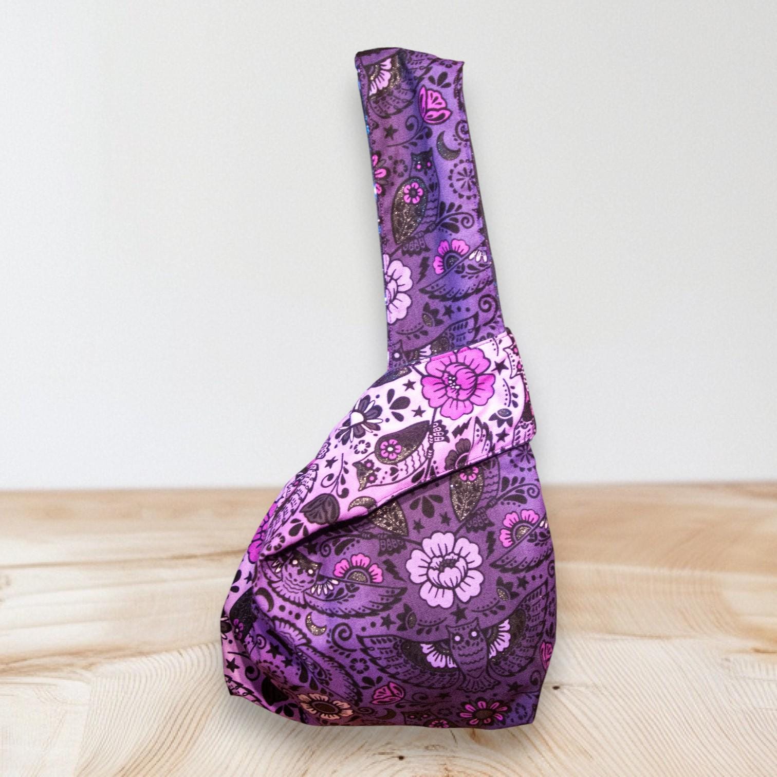 Japanese Knot Bag with Purple Night Owls and Universe &ndash; Handmade Reversible Wristlet Tote