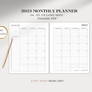 May include: A printable monthly planner for August 2023. The planner is designed in a simple, minimalist style with a black and white color scheme. It includes a calendar grid with space for daily notes and a to-do list section. The planner is available in A4, A5, and US Letter sizes. The text "2023 MONTHLY PLANNER" is at the top of the page, and the text "AUGUST" is at the top of the calendar grid. The text "50 PAGES" is in a circle at the bottom left of the page.
