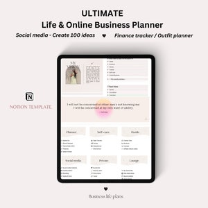 Könnte beinhalten: Ein digitaler Bildschirm zeigt eine Notion-Vorlage für einen ultimativen Lebens- und Online-Business-Planer. Die Vorlage enthält Abschnitte für soziale Medien, Selbstpflege, Hustle, Privat und Lounge. Der Text "Ich werde mir keine Sorgen machen, dass andere mich nicht kennen: Ich werde mir Sorgen machen, dass ich selbst nicht fähig bin." wird auf dem Bildschirm angezeigt.