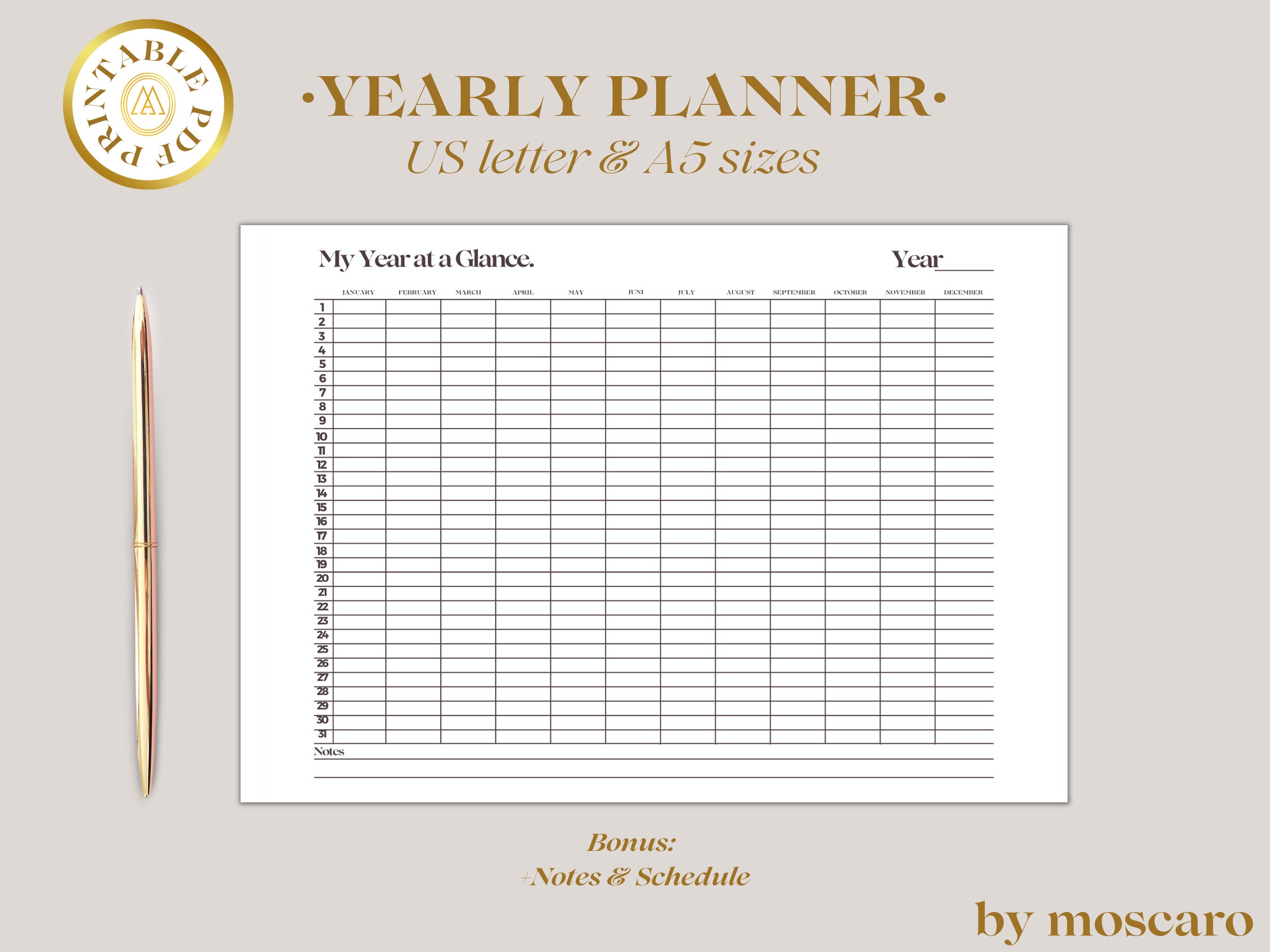 Year at A Glance Printable Planner 2023 Template, Blank, Full Year ...