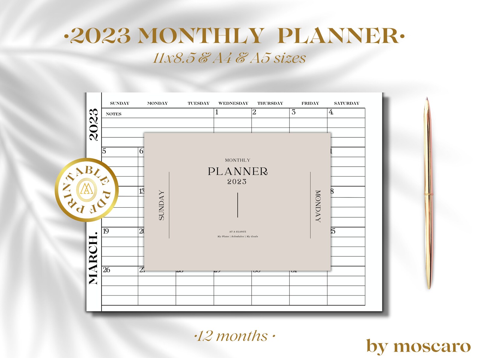 2023 Lined Monthly Calendars, Landscape, 8.5x11, A4, A5, Sunday Start