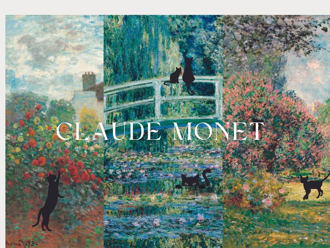 Claude Monet Cat Print Set of 3 Cute Black Cat Art Floral - Etsy