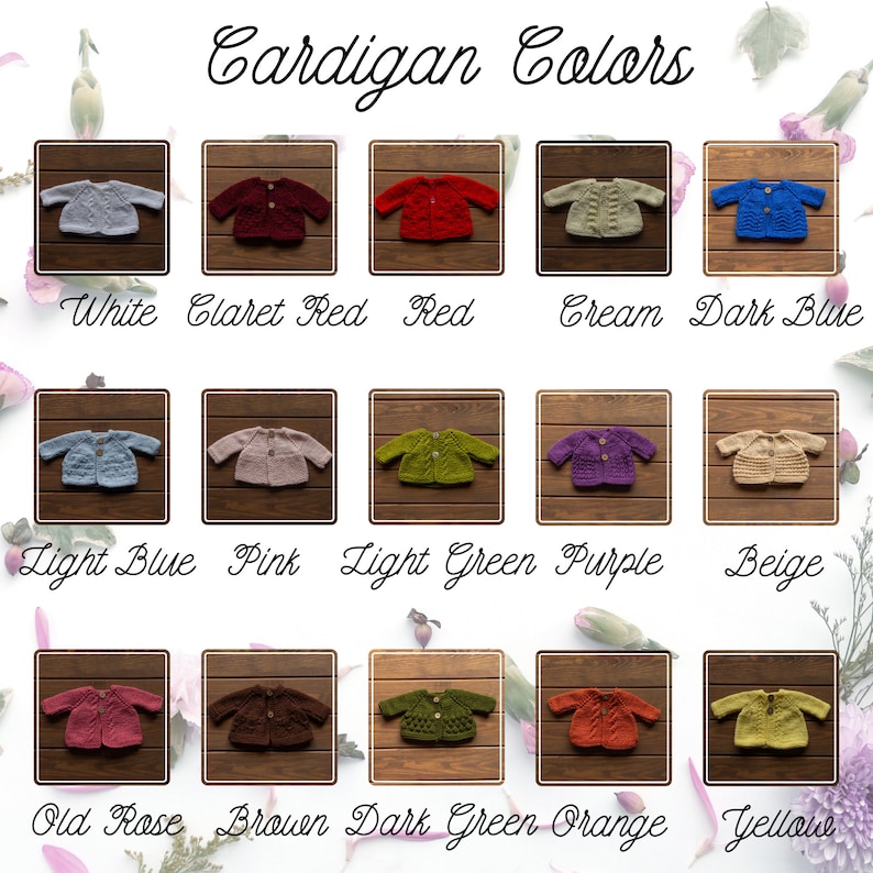 May include: An image showcasing a variety of baby cardigans in different colors, including white, red, and blue. The text "Cardigan Colors" is at the top. Each cardigan is displayed on a wooden background, with color names below.